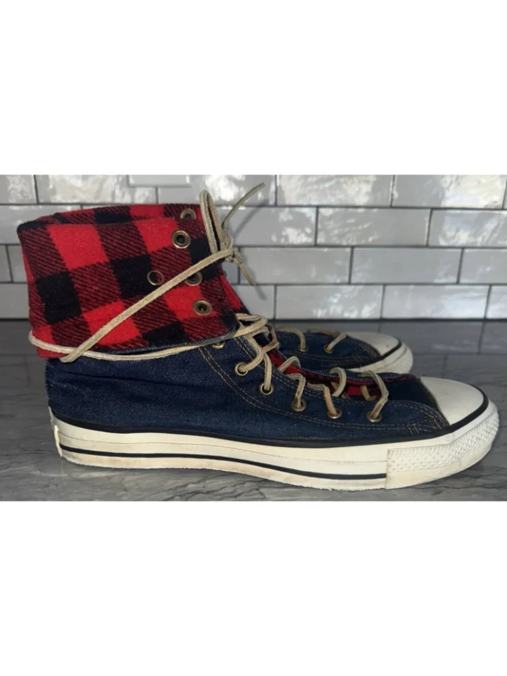 Converse Mens 9.5 Vintage NeeHi Tall High USA Made Denim Fold Over Plaid Sneaker - Picture 3 of 10